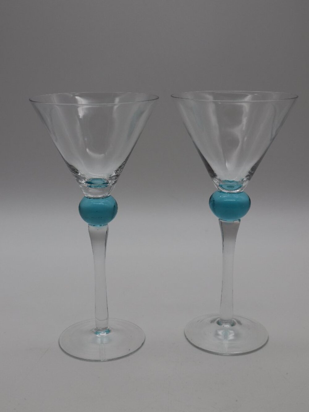 2 Martini Glasses Aqua Blue Bubble Ball Stems Art Deco Atomic MCM Blown Glass